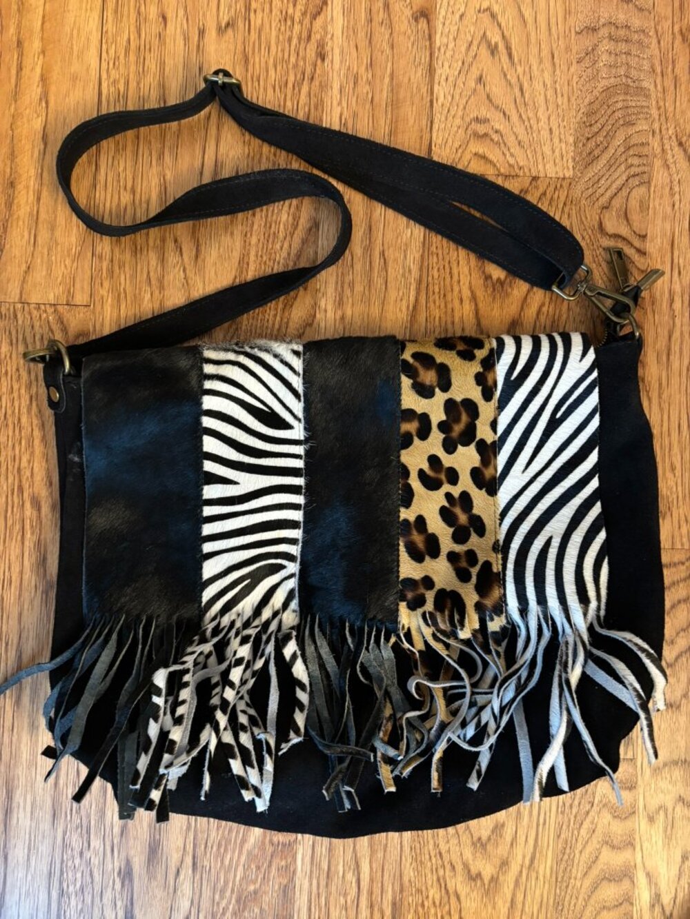 NEW Uno Alla Volta Suede & Calf Hair Crossbody Hobo Bag Purse Leopard Zebra Boho